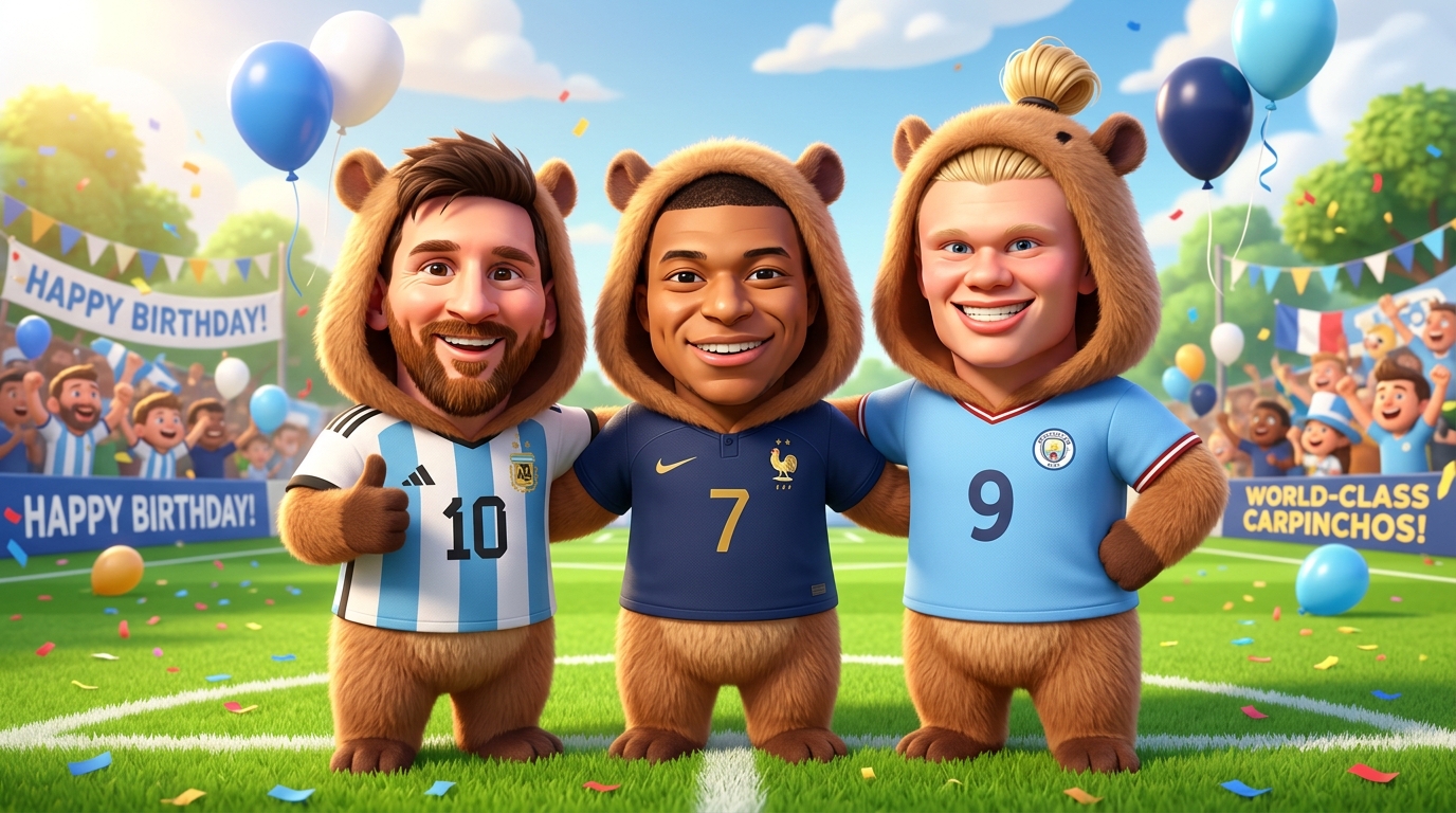 Messi, Mbappe, and Haaland in Capybara Suits